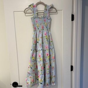 Smocked Floral Nap Dress - Light Blue with Pink Flowers